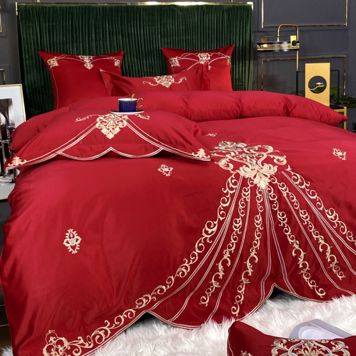 91家纺网 家纺一手货源 找家纺 宅家居 2024新款60S支贡缎臻品真丝婚庆卡瑞娜四件套卡瑞娜-大红2