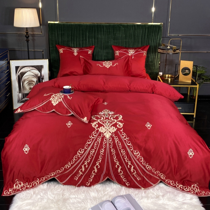 91家纺网 家纺一手货源 找家纺 宅家居 2024新款60S支贡缎臻品真丝婚庆卡瑞娜四件套卡瑞娜-大红2