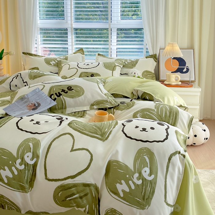 91家纺网 家纺一手货源 找家纺 好亿来 2025新款植物羊绒加厚斜纹磨毛四件套爱心熊