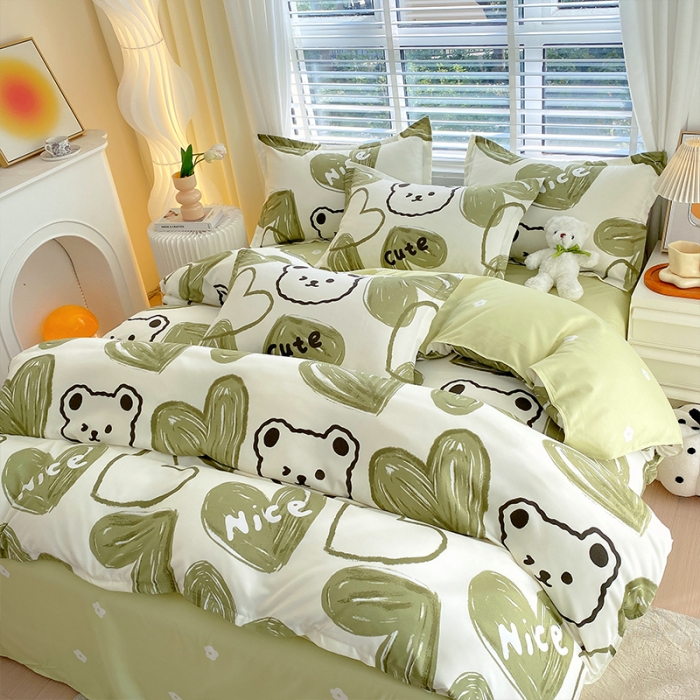 91家纺网 家纺一手货源 找家纺 好亿来 2025新款植物羊绒加厚斜纹磨毛四件套爱心熊