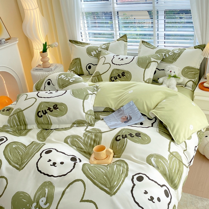 91家纺网 家纺一手货源 找家纺 好亿来 2025新款植物羊绒加厚斜纹磨毛四件套爱心熊