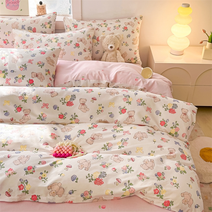 91家纺网 家纺一手货源 找家纺 曼之夏 2024新款13372全棉印花单被套 花束熊