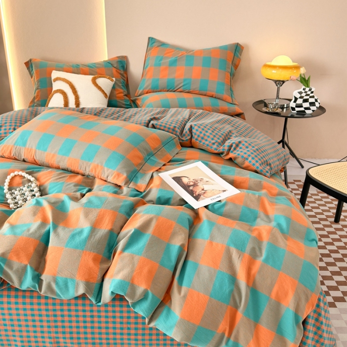 91家纺网 家纺一手货源 找家纺 三沁 2023新款AB版全棉色织水洗棉简约格子四件套梦甜大格-孔雀绿