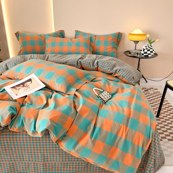 91家纺网 家纺一手货源 找家纺 三沁 2023新款AB版全棉色织水洗棉简约格子四件套梦甜大格-孔雀绿