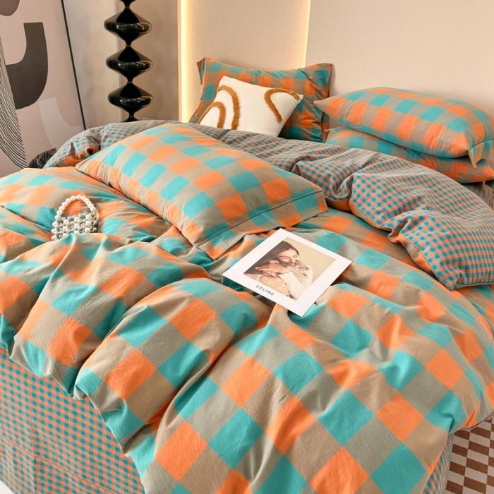 91家纺网 家纺一手货源 找家纺 三沁 2023新款AB版全棉色织水洗棉简约格子四件套梦甜大格-孔雀绿