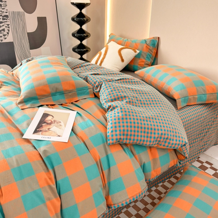 91家纺网 家纺一手货源 找家纺 三沁 2023新款AB版全棉色织水洗棉简约格子四件套梦甜大格-孔雀绿