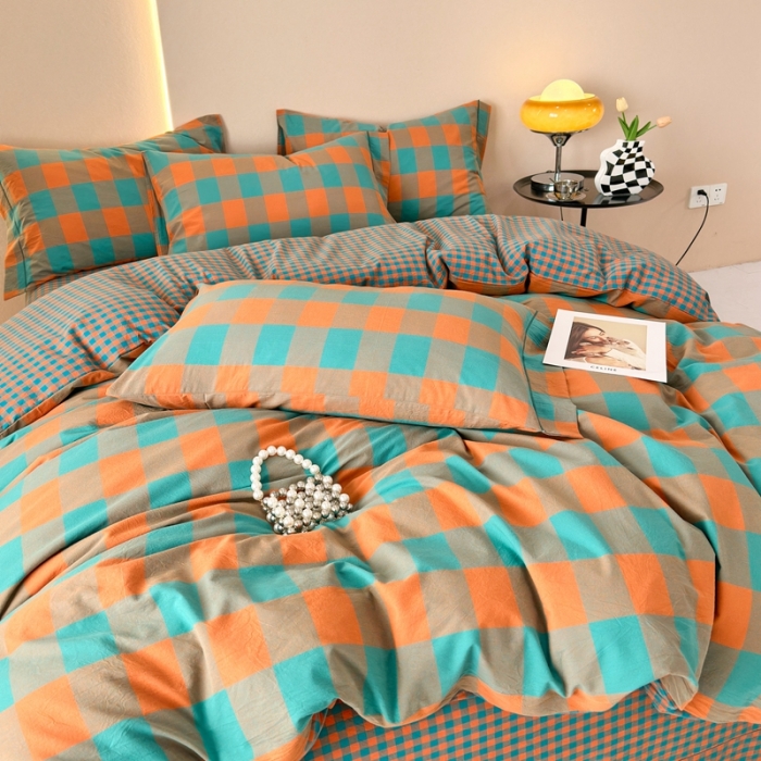 91家纺网 家纺一手货源 找家纺 三沁 2023新款AB版全棉色织水洗棉简约格子四件套梦甜大格-孔雀绿