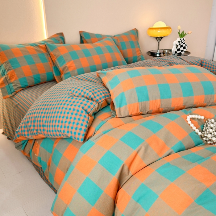 91家纺网 家纺一手货源 找家纺 三沁 2023新款AB版全棉色织水洗棉简约格子四件套梦甜大格-孔雀绿