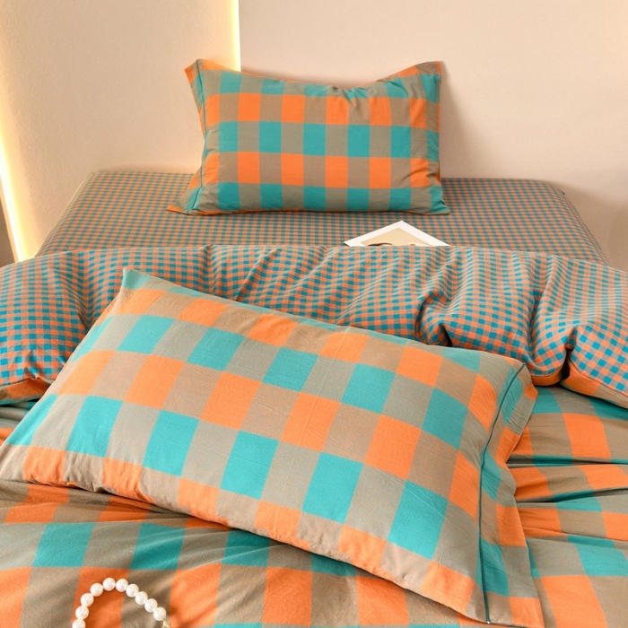 91家纺网 家纺一手货源 找家纺 三沁 2023新款AB版全棉色织水洗棉简约格子四件套梦甜大格-孔雀绿