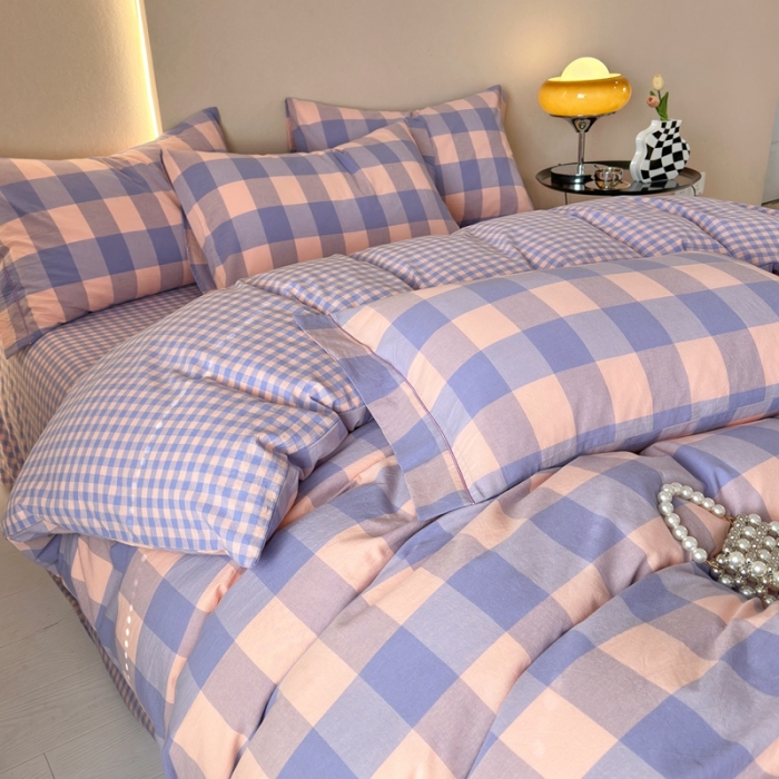 91家纺网 家纺一手货源 找家纺 三沁 2023新款AB版全棉色织水洗棉简约格子四件套 梦甜大格-香芋紫