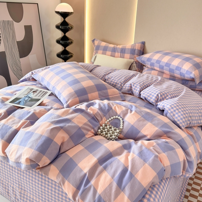 91家纺网 家纺一手货源 找家纺 三沁 2023新款AB版全棉色织水洗棉简约格子四件套 梦甜大格-香芋紫