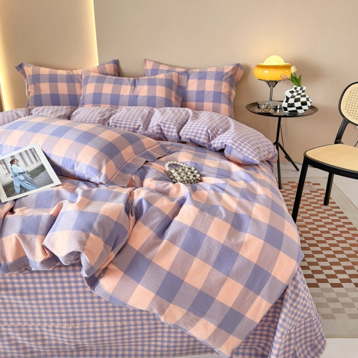 91家纺网 家纺一手货源 找家纺 三沁 2023新款AB版全棉色织水洗棉简约格子四件套 梦甜大格-香芋紫