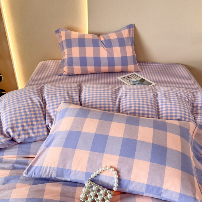 91家纺网 家纺一手货源 找家纺 三沁 2023新款AB版全棉色织水洗棉简约格子四件套 梦甜大格-香芋紫