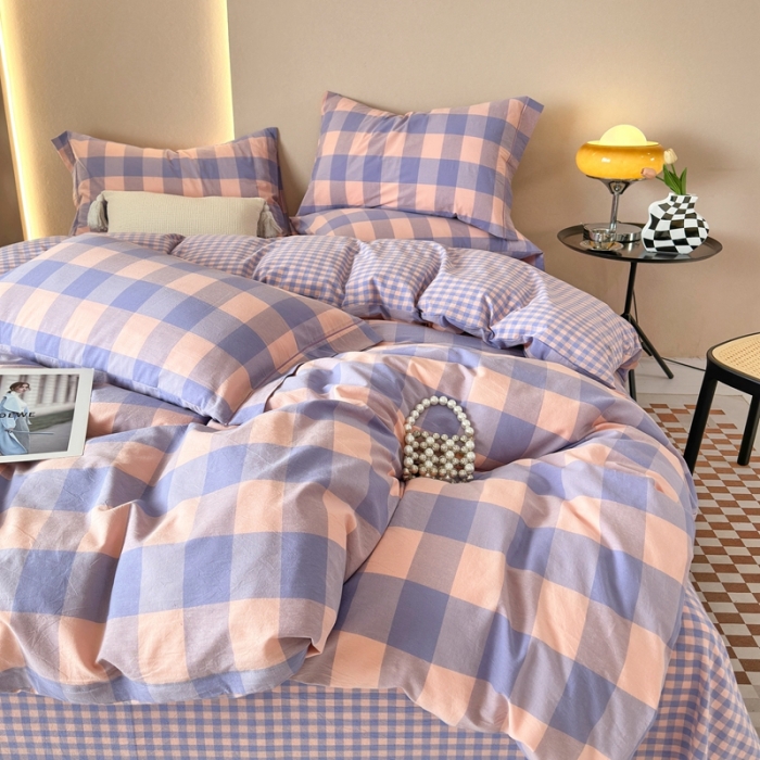 91家纺网 家纺一手货源 找家纺 三沁 2023新款AB版全棉色织水洗棉简约格子四件套 梦甜大格-香芋紫