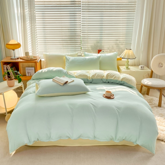 91家纺网 家纺一手货源 找家纺 雨帆家纺 2024新款简约亲肤水洗棉双拼四件套 水洗棉薄荷