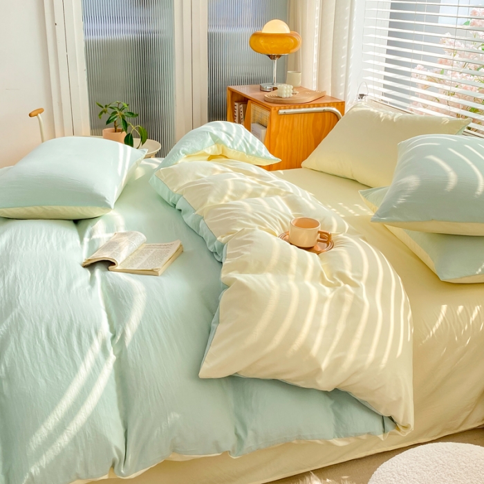 91家纺网 家纺一手货源 找家纺 雨帆家纺 2024新款简约亲肤水洗棉双拼四件套 水洗棉薄荷