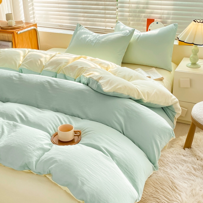 91家纺网 家纺一手货源 找家纺 雨帆家纺 2024新款简约亲肤水洗棉双拼四件套 水洗棉薄荷