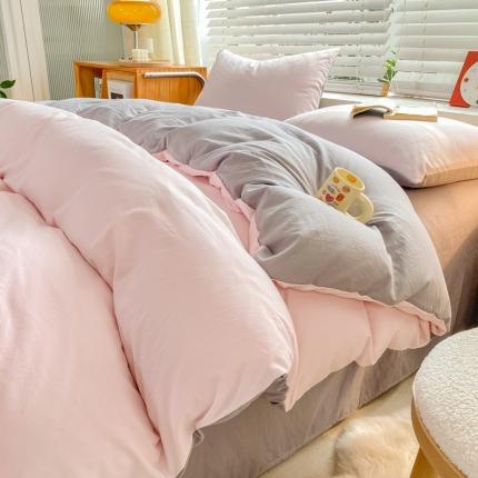 91家纺网 家纺一手货源 找家纺 雨帆家纺 2024新款简约亲肤水洗棉双拼四件套 水洗棉粉灰