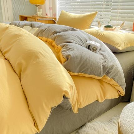 91家纺网 家纺一手货源 找家纺 雨帆家纺 2024新款简约亲肤水洗棉双拼四件套 水洗棉黄灰