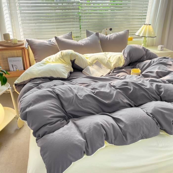 91家纺网 家纺一手货源 找家纺 雨帆家纺 2024新款简约亲肤水洗棉双拼四件套 水洗棉灰芝士