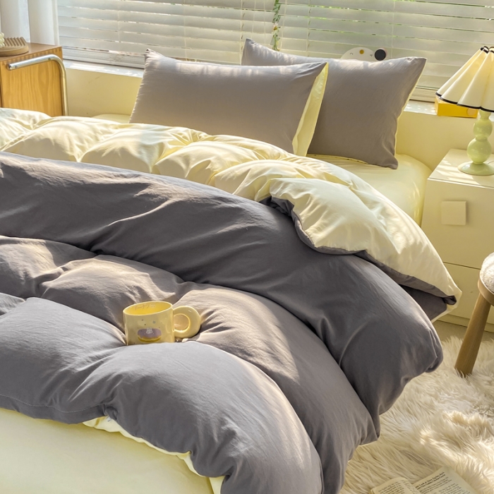 91家纺网 家纺一手货源 找家纺 雨帆家纺 2024新款简约亲肤水洗棉双拼四件套 水洗棉灰芝士