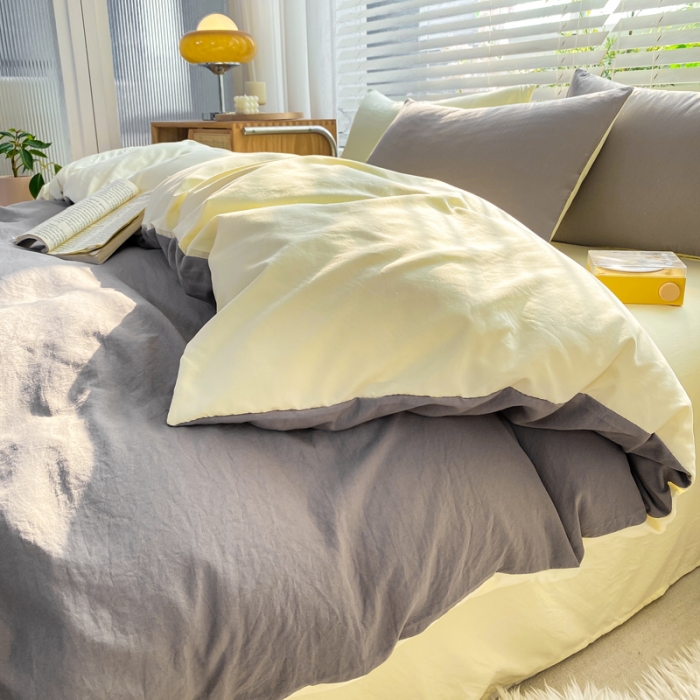 91家纺网 家纺一手货源 找家纺 雨帆家纺 2024新款简约亲肤水洗棉双拼四件套 水洗棉灰芝士