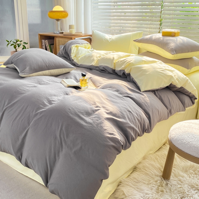 91家纺网 家纺一手货源 找家纺 雨帆家纺 2024新款简约亲肤水洗棉双拼四件套 水洗棉灰芝士