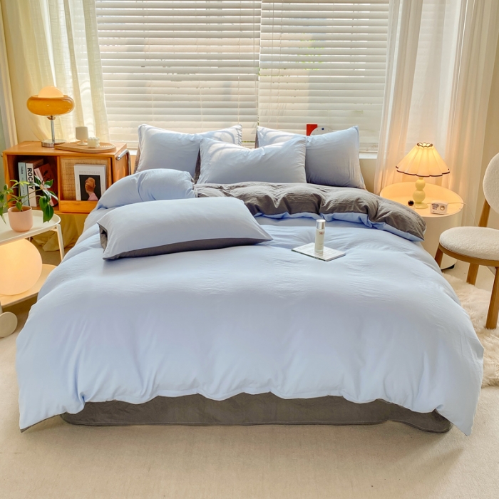91家纺网 家纺一手货源 找家纺 雨帆家纺 2024新款简约亲肤水洗棉双拼四件套 水洗棉蓝灰