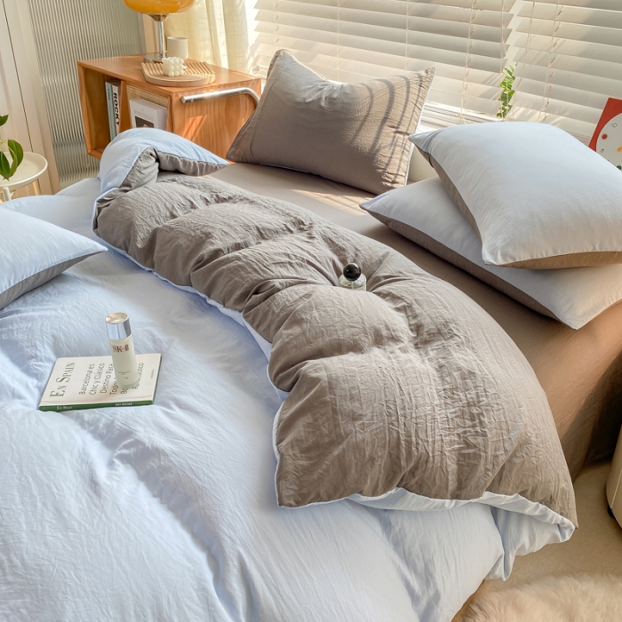 91家纺网 家纺一手货源 找家纺 雨帆家纺 2024新款简约亲肤水洗棉双拼四件套 水洗棉蓝灰