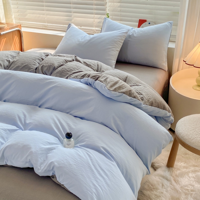 91家纺网 家纺一手货源 找家纺 雨帆家纺 2024新款简约亲肤水洗棉双拼四件套 水洗棉蓝灰