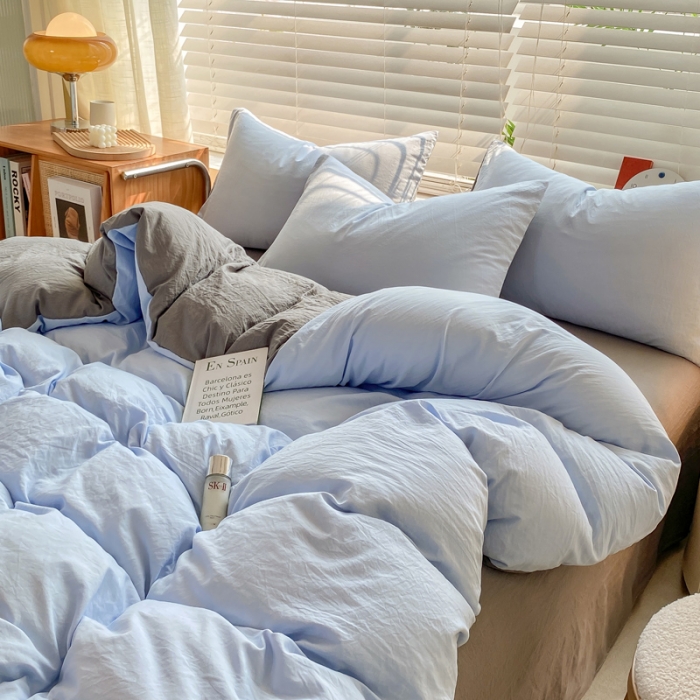 91家纺网 家纺一手货源 找家纺 雨帆家纺 2024新款简约亲肤水洗棉双拼四件套 水洗棉蓝灰