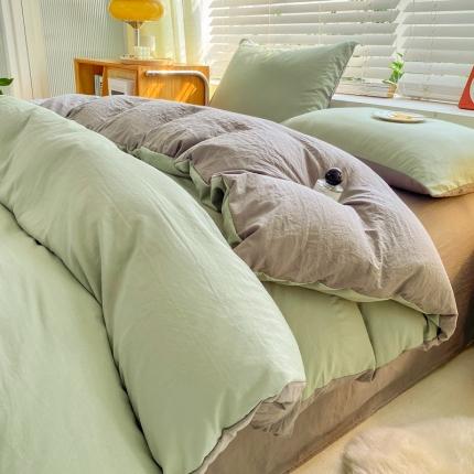 91家纺网 家纺一手货源 找家纺 雨帆家纺 2024新款简约亲肤水洗棉双拼四件套 水洗棉绿灰