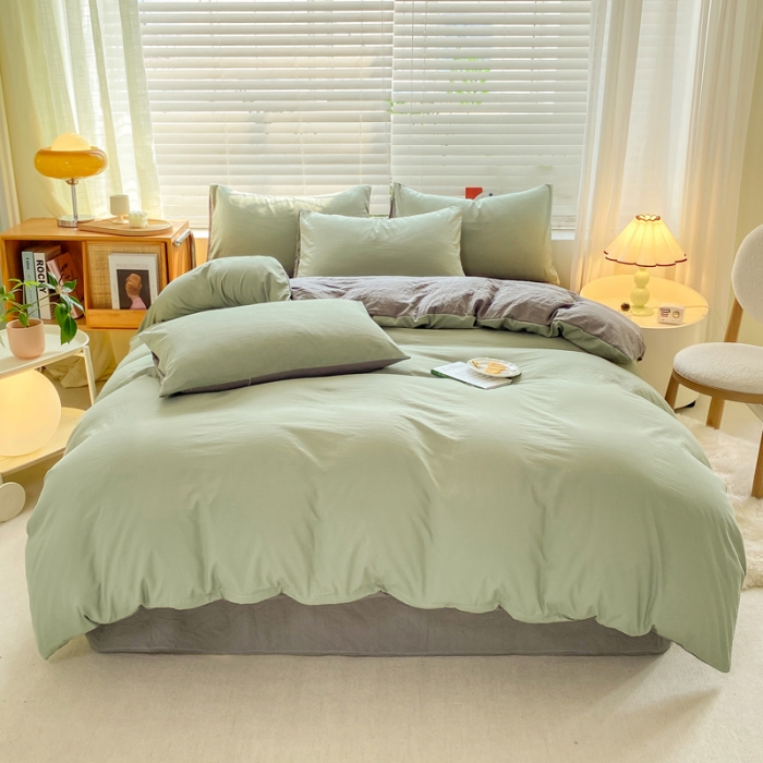 91家纺网 家纺一手货源 找家纺 雨帆家纺 2024新款简约亲肤水洗棉双拼四件套 水洗棉绿灰