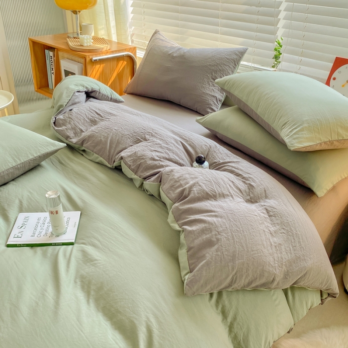 91家纺网 家纺一手货源 找家纺 雨帆家纺 2024新款简约亲肤水洗棉双拼四件套 水洗棉绿灰