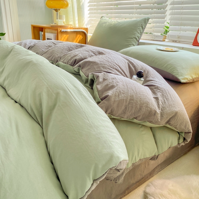 91家纺网 家纺一手货源 找家纺 雨帆家纺 2024新款简约亲肤水洗棉双拼四件套 水洗棉绿灰