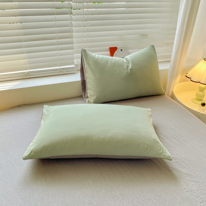 91家纺网 家纺一手货源 找家纺 雨帆家纺 2024新款简约亲肤水洗棉双拼四件套 水洗棉绿灰