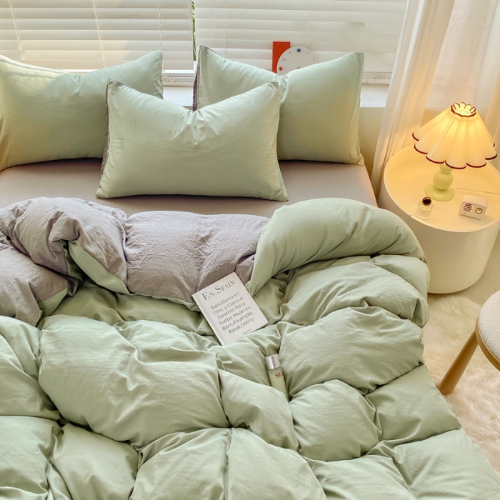 91家纺网 家纺一手货源 找家纺 雨帆家纺 2024新款简约亲肤水洗棉双拼四件套 水洗棉绿灰