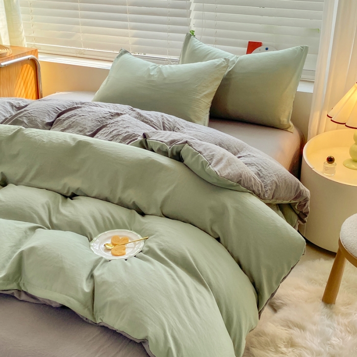 91家纺网 家纺一手货源 找家纺 雨帆家纺 2024新款简约亲肤水洗棉双拼四件套 水洗棉绿灰