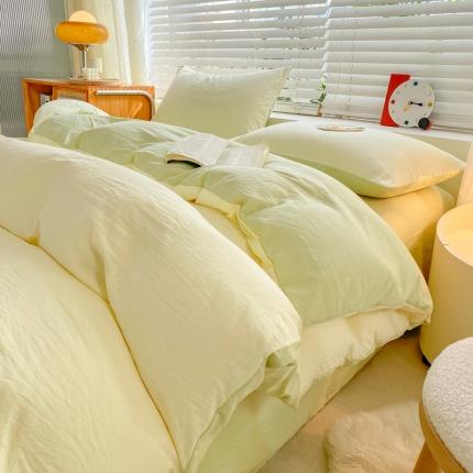 91家纺网 家纺一手货源 找家纺 雨帆家纺 2024新款简约亲肤水洗棉双拼四件套 水洗棉奶绿