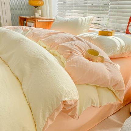 91家纺网 家纺一手货源 找家纺 雨帆家纺 2024新款简约亲肤水洗棉双拼四件套 水洗棉奶玉