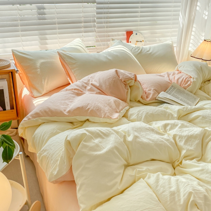 91家纺网 家纺一手货源 找家纺 雨帆家纺 2024新款简约亲肤水洗棉双拼四件套 水洗棉奶玉