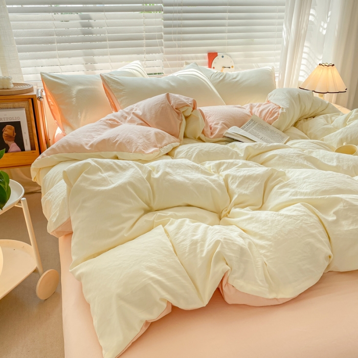 91家纺网 家纺一手货源 找家纺 雨帆家纺 2024新款简约亲肤水洗棉双拼四件套 水洗棉奶玉