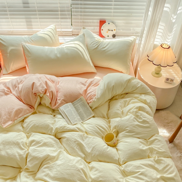 91家纺网 家纺一手货源 找家纺 雨帆家纺 2024新款简约亲肤水洗棉双拼四件套 水洗棉奶玉