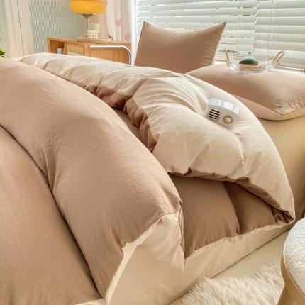 91家纺网 家纺一手货源 找家纺 雨帆家纺 2024新款简约亲肤水洗棉双拼四件套 水洗棉深咖