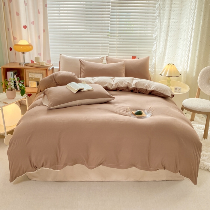 91家纺网 家纺一手货源 找家纺 雨帆家纺 2024新款简约亲肤水洗棉双拼四件套 水洗棉深咖