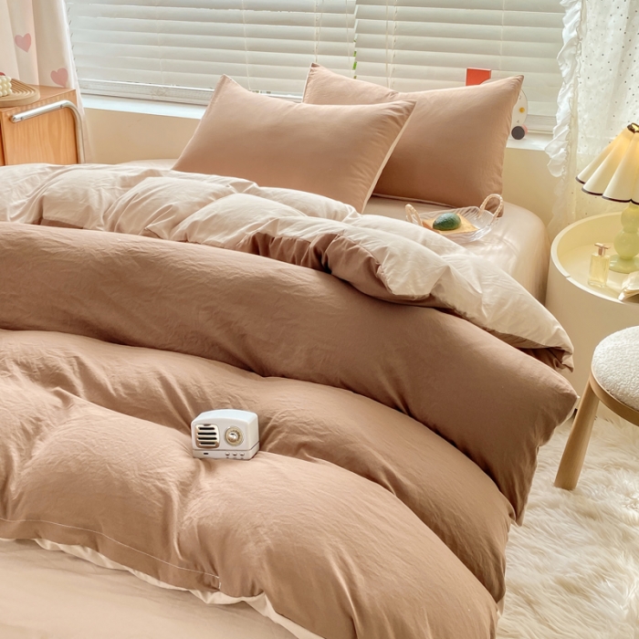 91家纺网 家纺一手货源 找家纺 雨帆家纺 2024新款简约亲肤水洗棉双拼四件套 水洗棉深咖