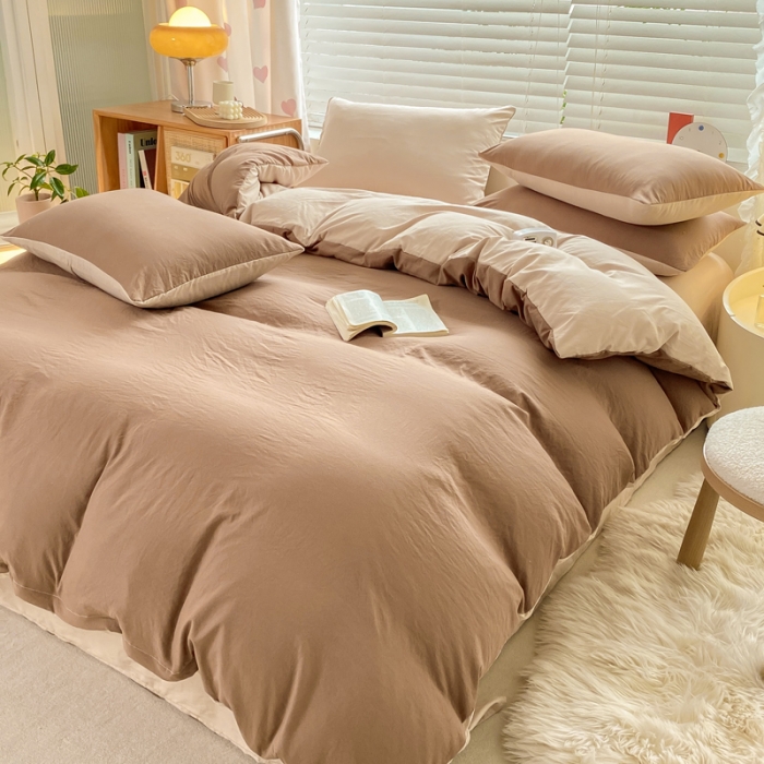 91家纺网 家纺一手货源 找家纺 雨帆家纺 2024新款简约亲肤水洗棉双拼四件套 水洗棉深咖