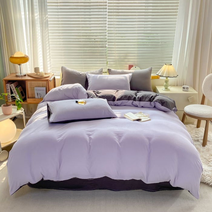 91家纺网 家纺一手货源 找家纺 雨帆家纺 2024新款简约亲肤水洗棉双拼四件套 水洗棉紫灰