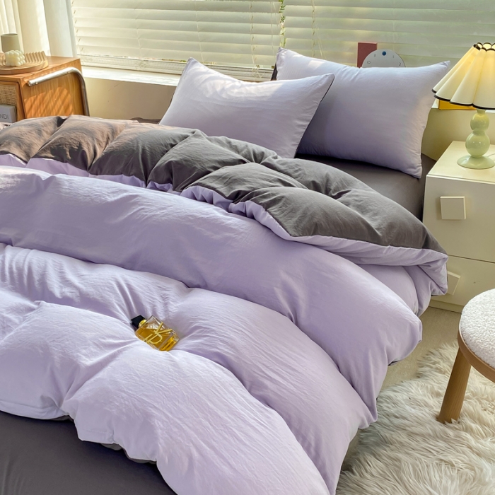 91家纺网 家纺一手货源 找家纺 雨帆家纺 2024新款简约亲肤水洗棉双拼四件套 水洗棉紫灰