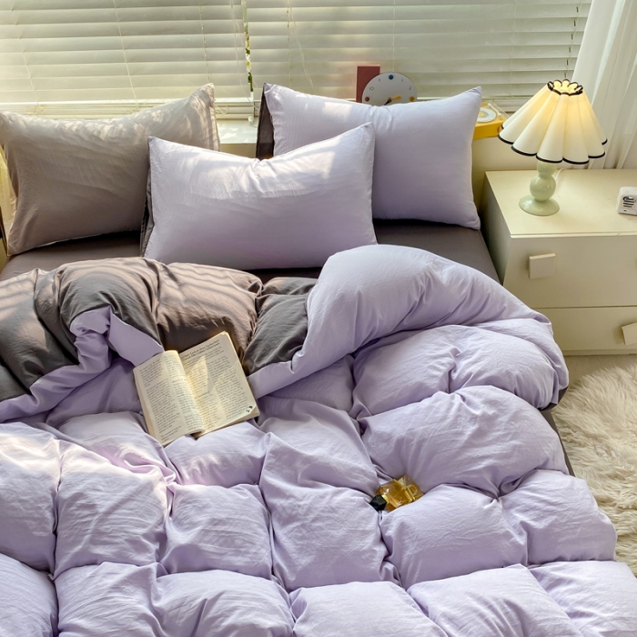 91家纺网 家纺一手货源 找家纺 雨帆家纺 2024新款简约亲肤水洗棉双拼四件套 水洗棉紫灰